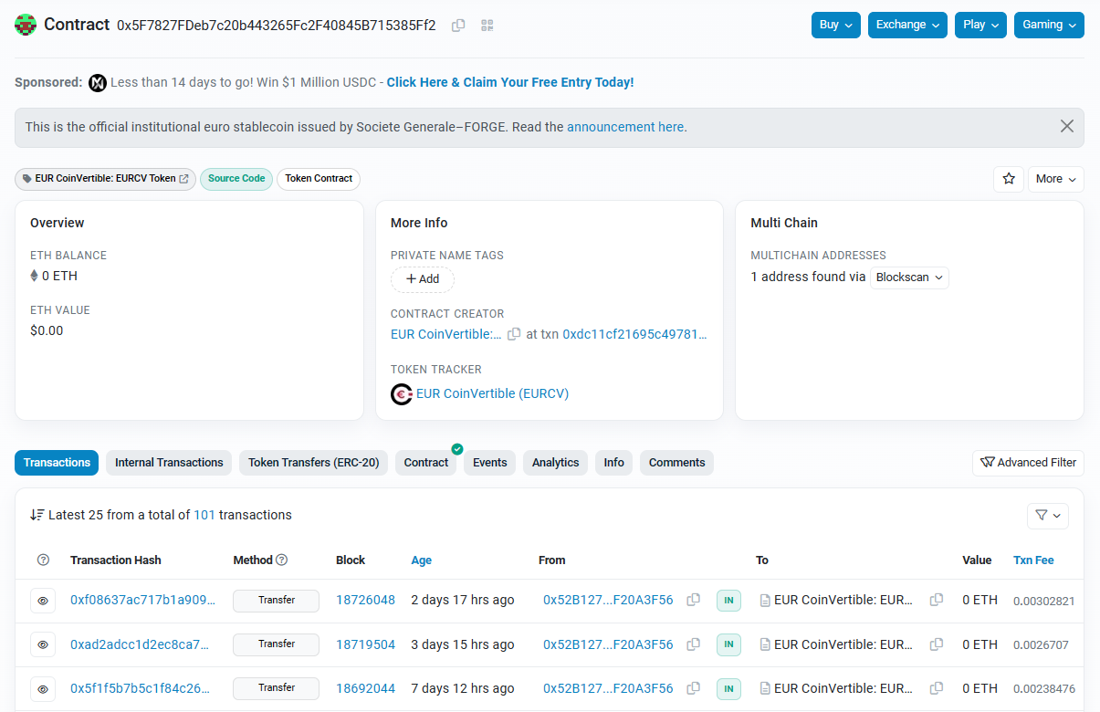 Smart contract de EURCV dentro de Etherscan