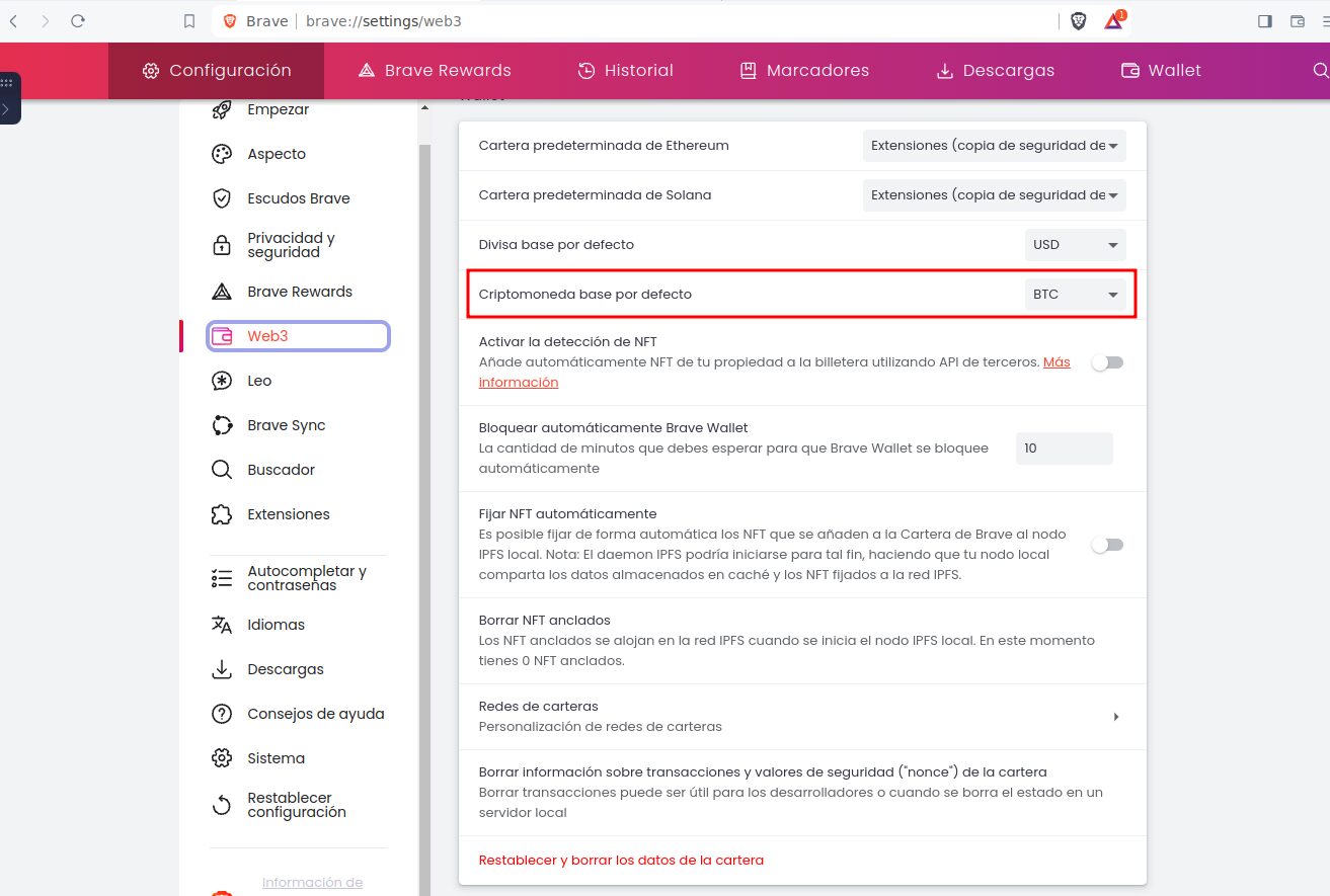 Brave Wallet ahora usa a Bitcoin como su moneda por defecto