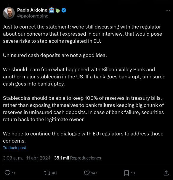Pablo Ardoino se ha posicionado fuertemente en contra de MiCA y su impacto en las stablecoins y exchanges operando en Europa