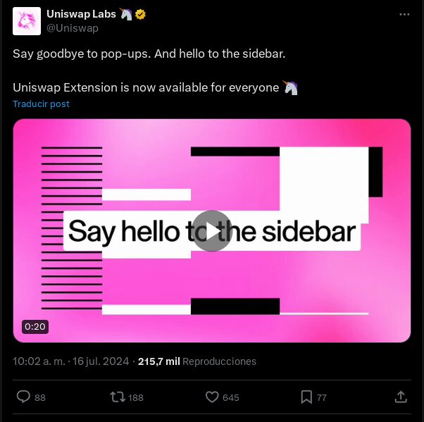 Uniswap Labs anuncia el lanzamiento de su Sidebar