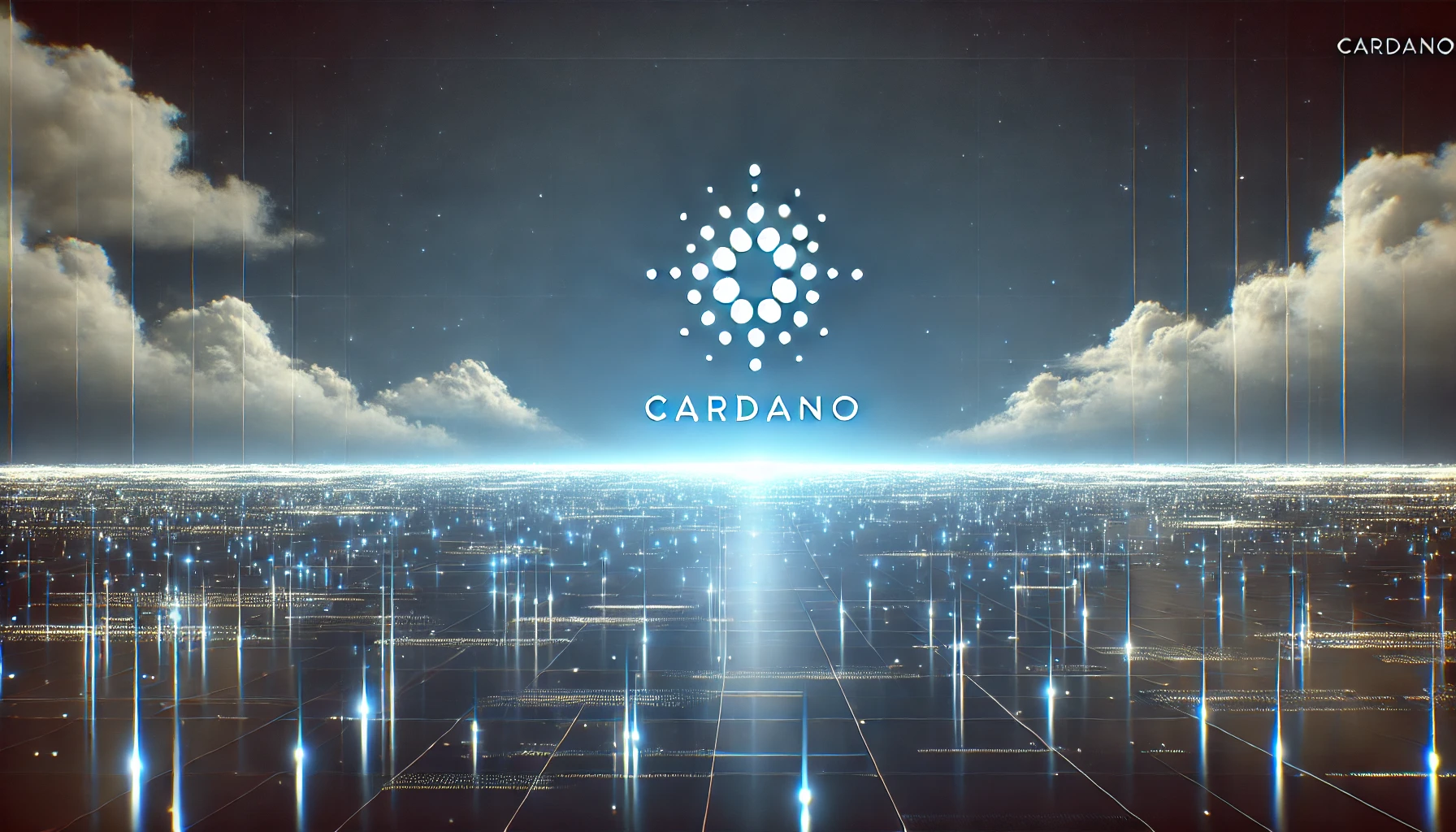 Un horizonte de luces azules y blancas , reflejando el logo de Cardano en el cielo.