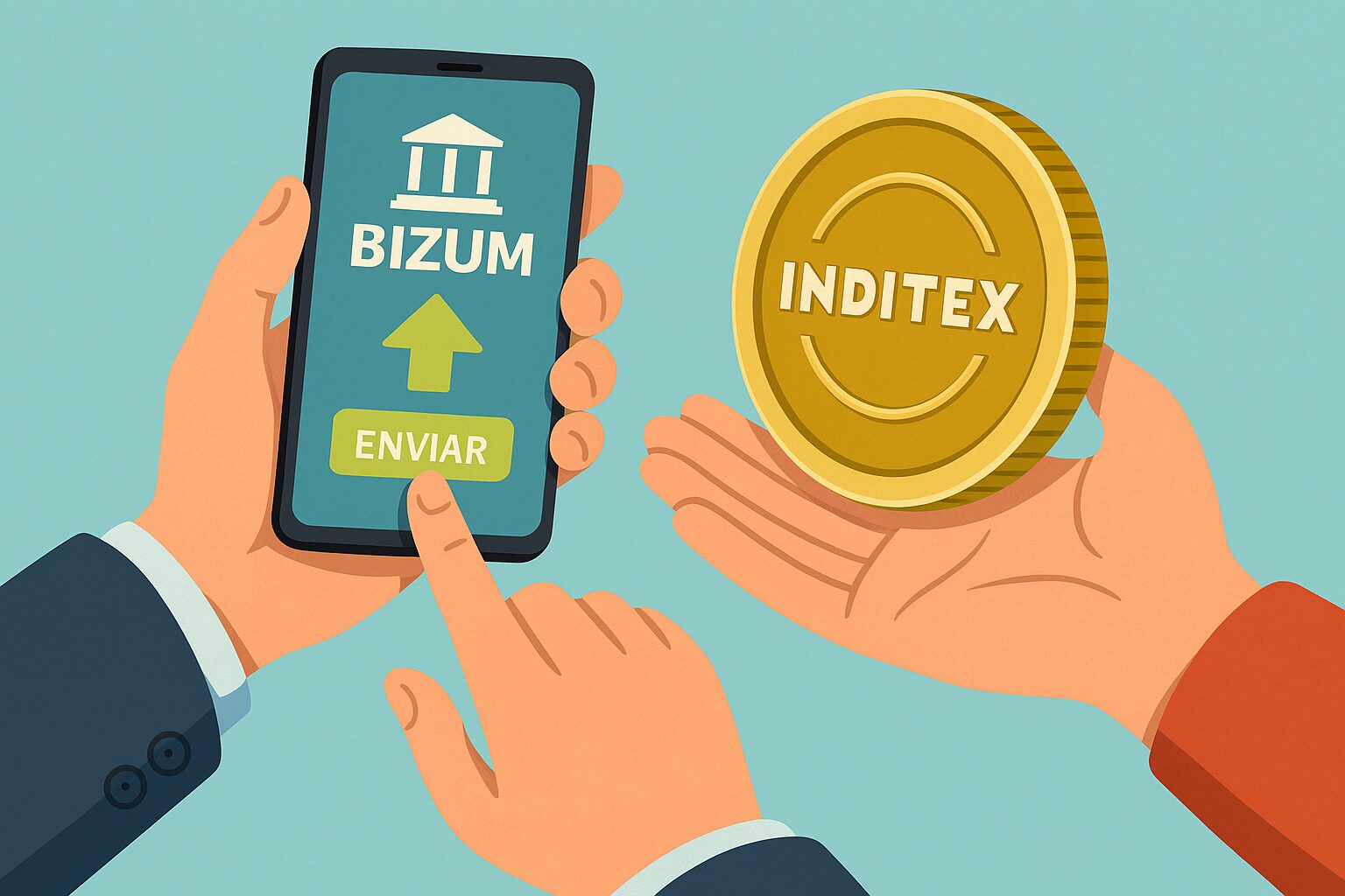 haz una imagen horizontal para ilustrar esta informacion: Así sería un Bizum para invertir en acciones tokenizadas, sin letras. de bizum a inditex