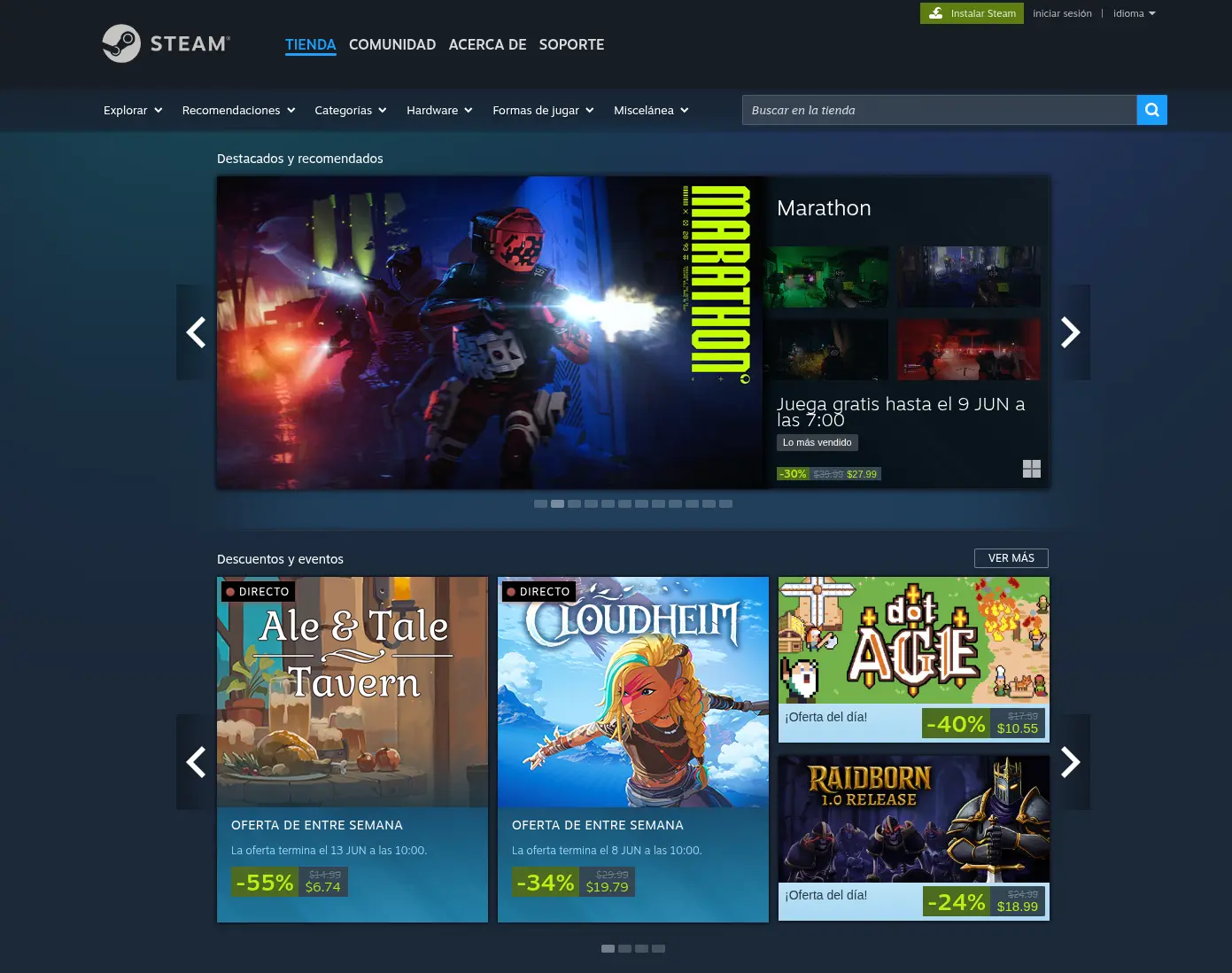 Página principal de Steam, el principal ecosistema de juegos online para Windows y LInux
