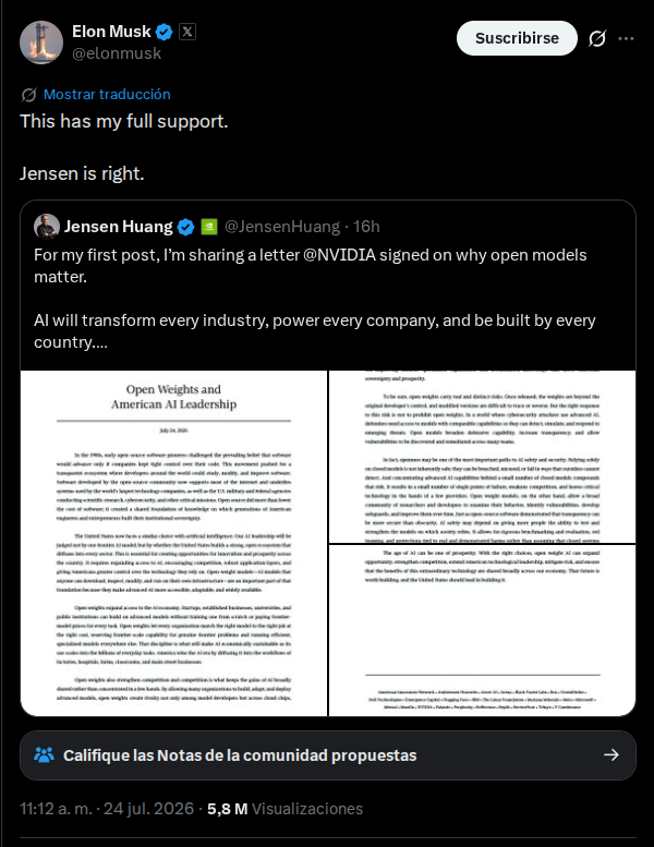Repsuesta de Elon Musk al post del CEO de NVIDIA