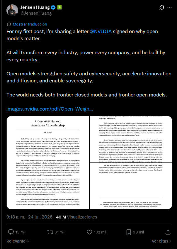 La posición de Jensen Huang es clara: la IA open source debe ser protegida