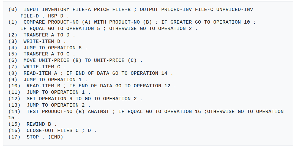 Ejemplo de código escrito en FLOW-MATIC, antecesor de COBOL
