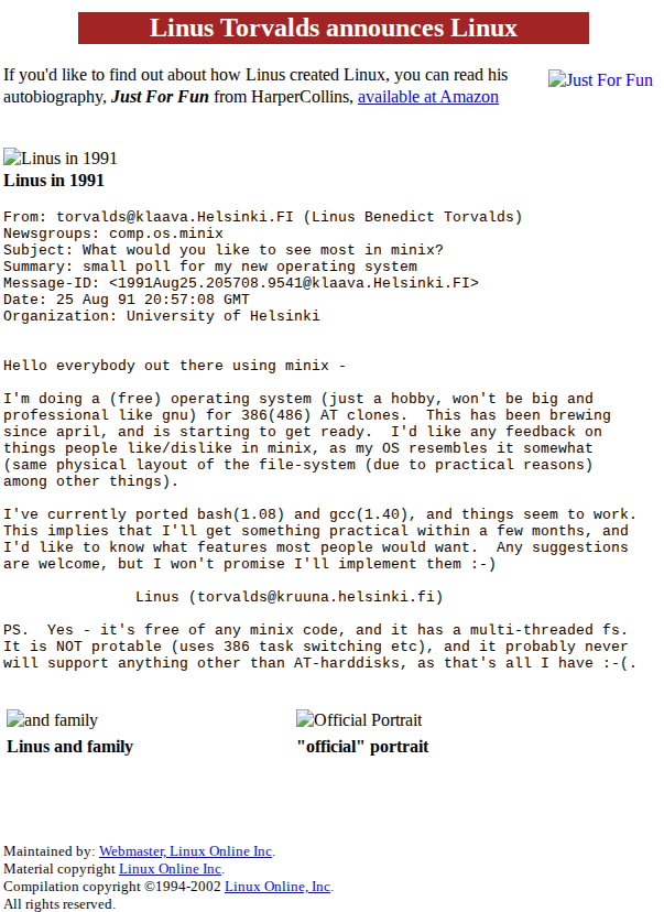 Anuncio del desarrollo del kernel Linux por Torvalds
